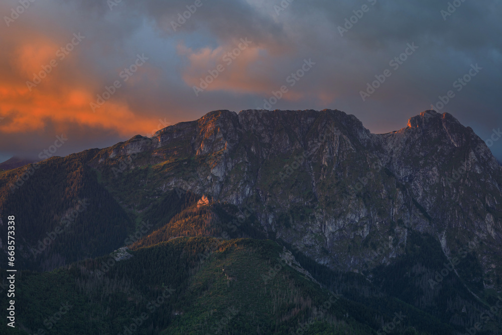 The Sleeping Knight in the first rays of the rising sun, Giewont. Tatra Mountains