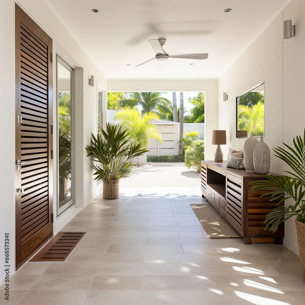 Naklejka premium Interior Design Background ,Coastal interior design of modern entrance hall with louvered door and stone tiled floor