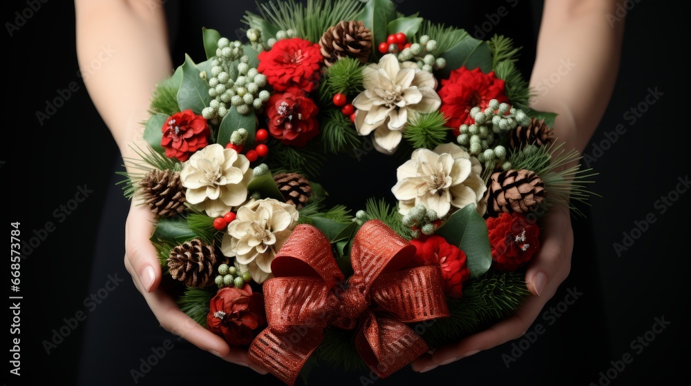 Christmas wreath with red & white flowers and red bow in female hands. Christmas wreath on black background. Horizontal banking poster background for advertisement. Photo AI Generated Christmas wreath with red & white flowers and red bow in female hands. Christmas wreath on black background. Horizontal banking poster background for advertisement. Photo AI Generated