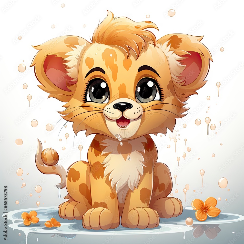 Adorable illustrated lion cub taking a bubbly bath, showcasing playful innocence and vibrant details. Adorable illustrated lion cub taking a bubbly bath, showcasing playful innocence and vibrant details.