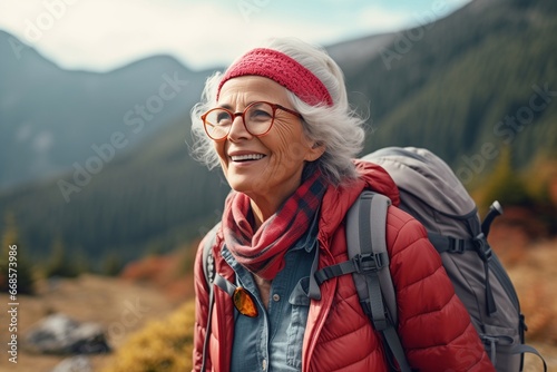 elderly grandmother tourist among the mountains smiling with glasses