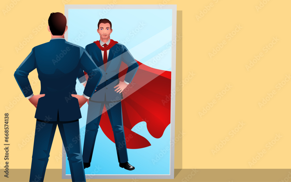 Fototapeta premium Businessman standing with hands on hips in front of a mirror seeing himself as a superhero. Symbol of confidence, self-belief, leadership, motivation, career growth and the pursuit of greatness