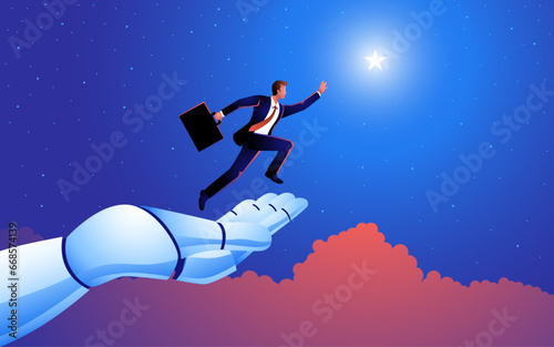 Vector illustration features a robot hand assisting a businessman's leap to grasp the stars. A powerful symbol of artificial intelligence assistance, support, and help in the business realm