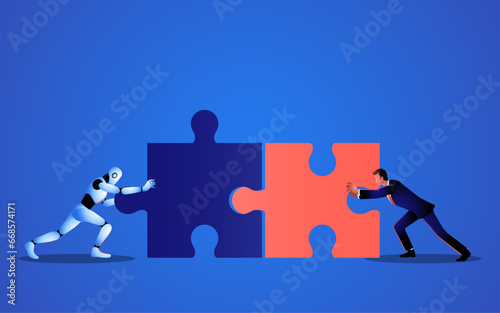 Businessman and a robot are pushing to match two jigsaw pieces. Representation of potential for AI to enhance planning and strategy in business
