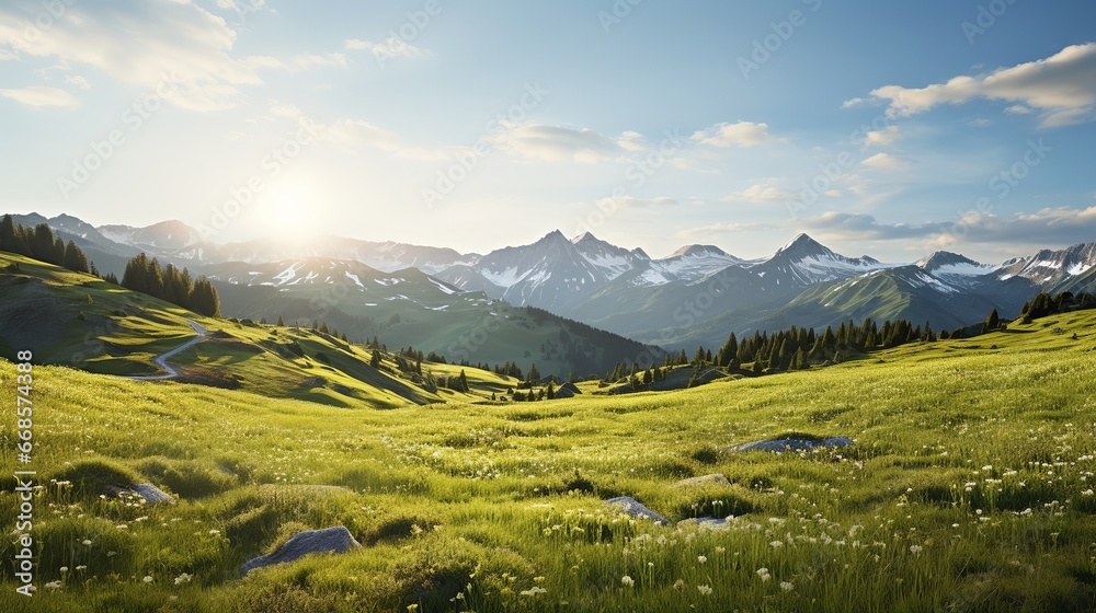 Fototapeta premium Sunrise Over Majestic Mountain Valleys