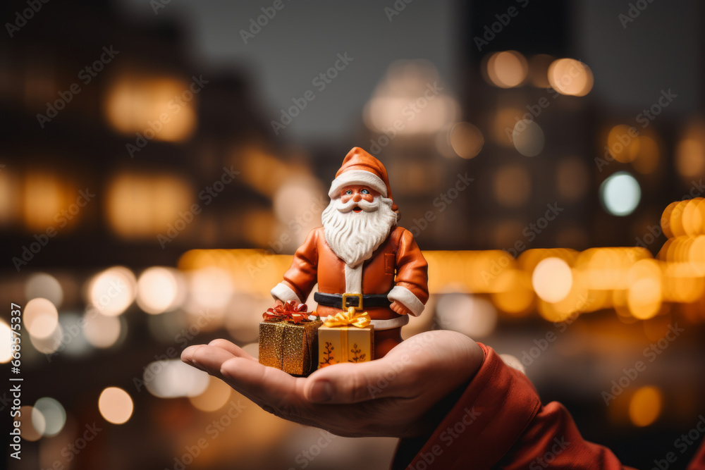 Christmas decorations of Santa in hand over blurred lights background, Christmas Holiday decoration Christmas decorations of Santa in hand over blurred lights background, Christmas Holiday decoration