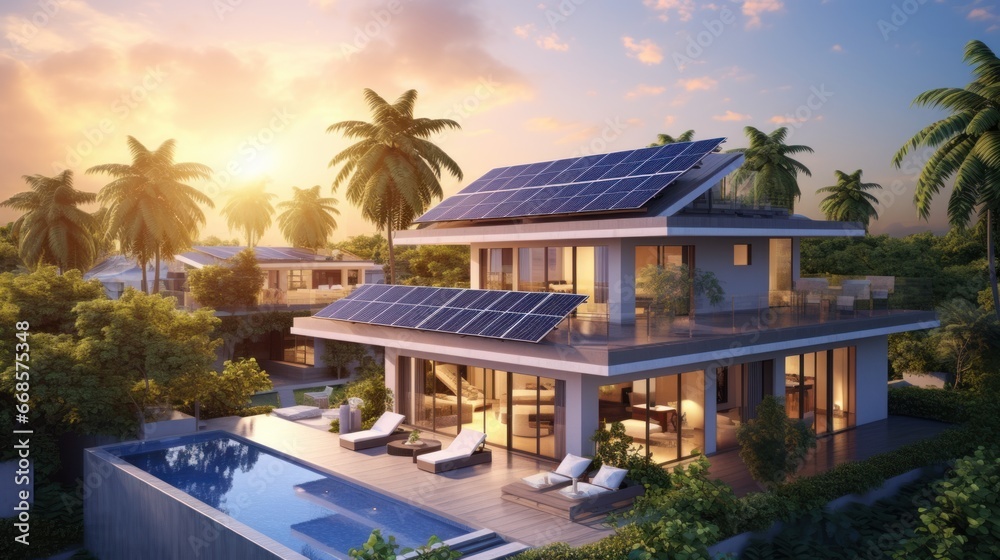 Beautiful house with solar panel/solar system on the roof. Climate neutral and electricity generating