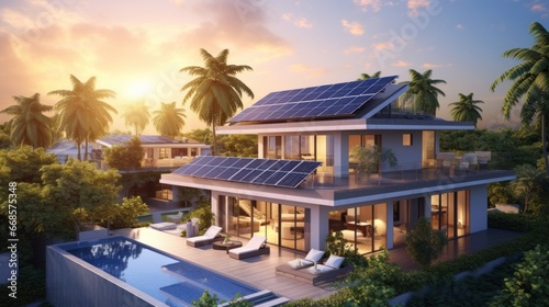 Beautiful house with solar panel/solar system on the roof. Climate neutral and electricity generating © Marvin