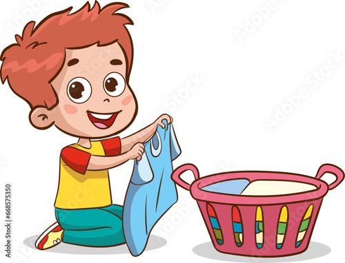 vector illustration of children with housekeeping home cleaning equipment.