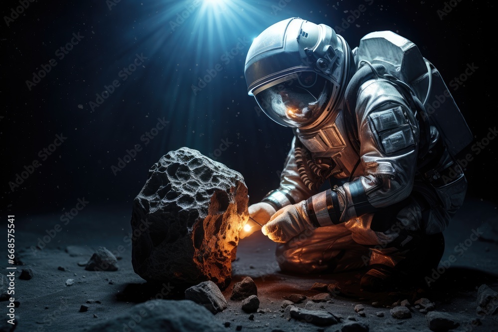 Galactic astronaut discovering ancient artifact on space rock Galactic astronaut discovering ancient artifact on space rock