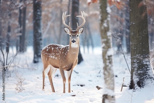 Gentle deer foraging under the weight of winter snow.