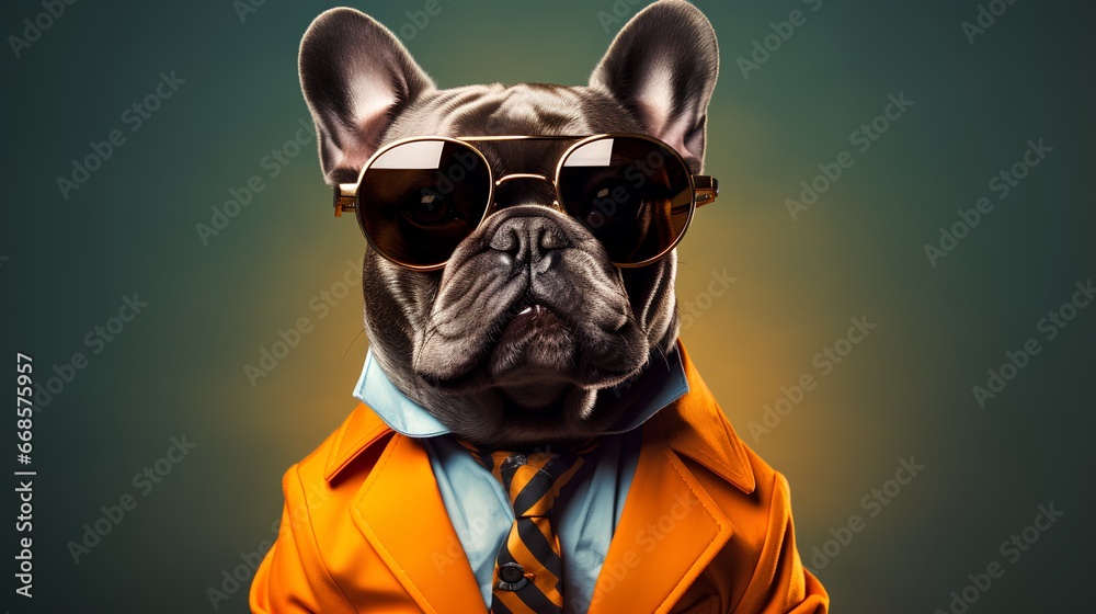 French bulldog dog in suit with stylish and cool attitude. Pets outfit is adorned with a variety of colors, adding a playful touch to its overall appearance. French bulldog dog in suit with stylish and cool attitude. Pets outfit is adorned with a variety of colors, adding a playful touch to its overall appearance.
