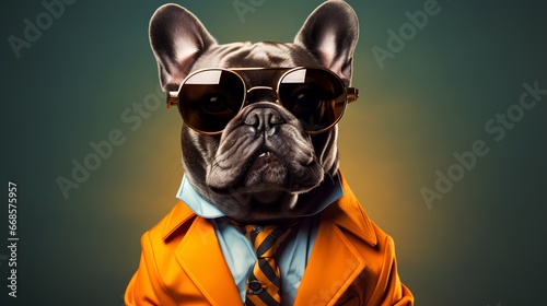 French bulldog dog in suit with stylish and cool attitude. Pets outfit is adorned with a variety of colors, adding a playful touch to its overall appearance. © TensorSpark