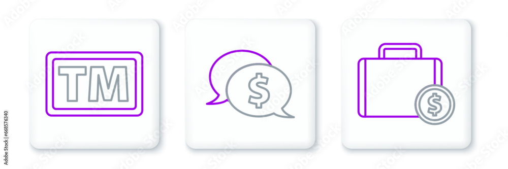 Set line Briefcase and money, Trademark and Speech bubble with dollar icon. Vector Set line Briefcase and money, Trademark and Speech bubble with dollar icon. Vector