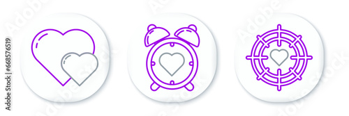 Set line Heart in the center of darts target aim, and alarm clock icon. Vector