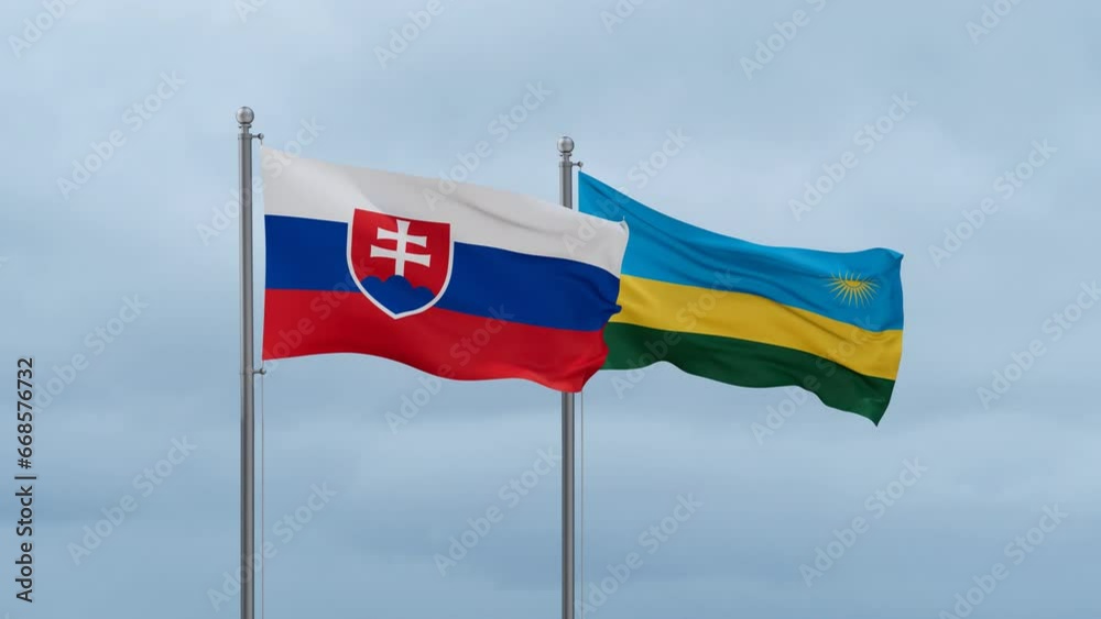 Republic of Rwanda and Slovakia flag waving together on cloudy sky, endless seamless loop, two country cooperation concept Republic of Rwanda and Slovakia flag waving together on cloudy sky, endless seamless loop, two country cooperation concept