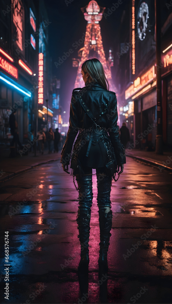 rear view of a woman walking down a city street at night