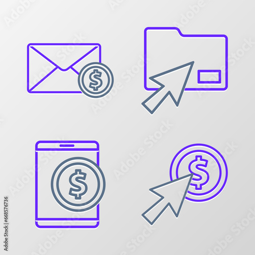 Set line Cursor and coin, Tablet with dollar, click document folder and Envelope icon. Vector