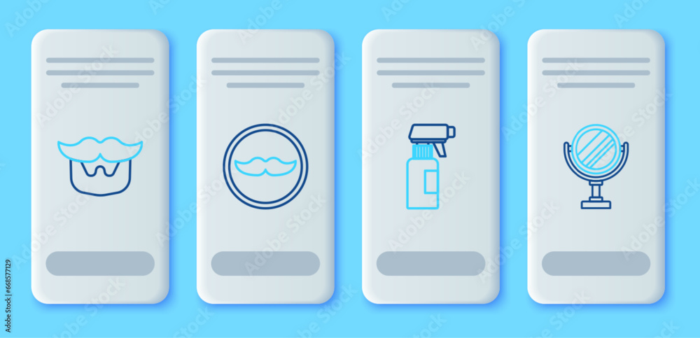 Set line Mustache, Hairdresser pistol spray bottle, and beard and Round makeup mirror icon. Vector