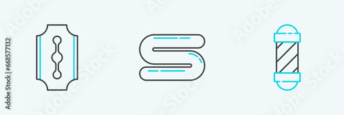 Set line Classic Barber shop pole, Blade razor and Towel icon. Vector