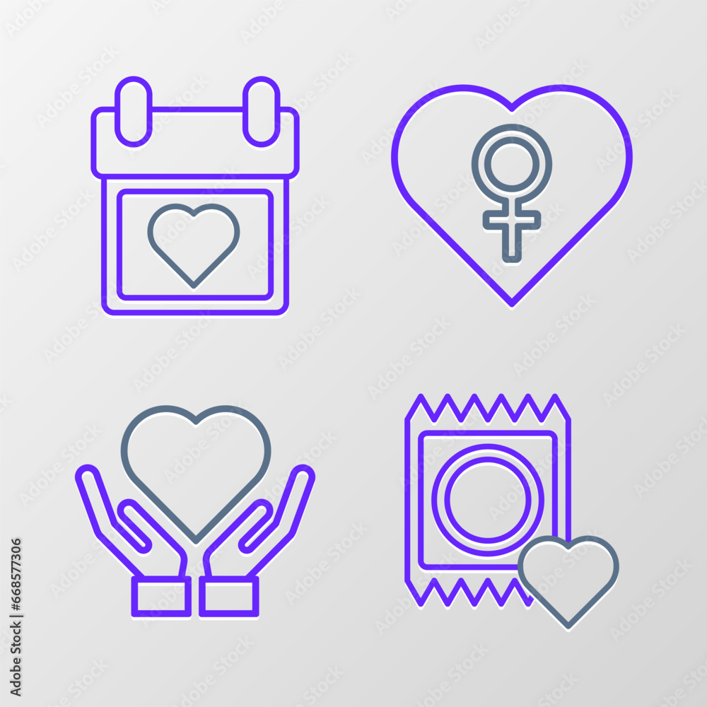 Set line Condom in package, Heart hand, with female gender and Calendar heart icon. Vector