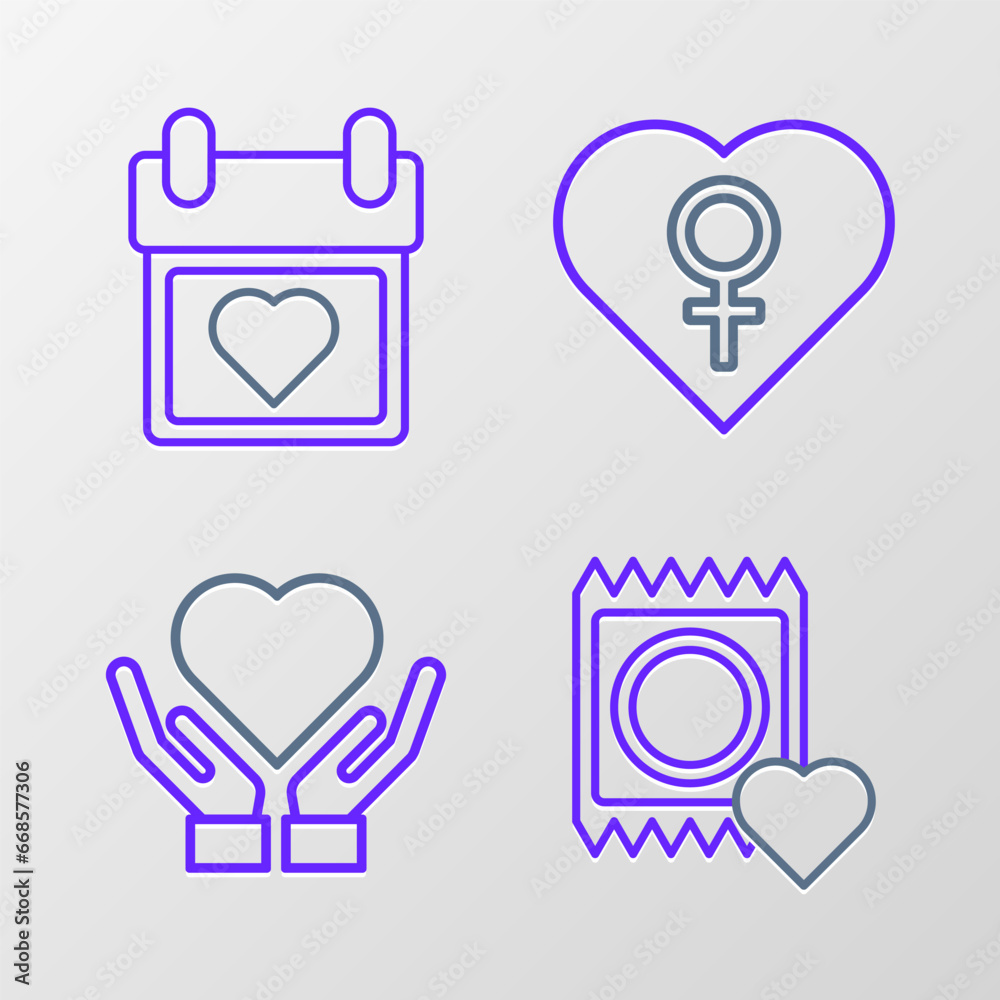 Set line Condom in package, Heart hand, with female gender and Calendar heart icon. Vector Set line Condom in package, Heart hand, with female gender and Calendar heart icon. Vector
