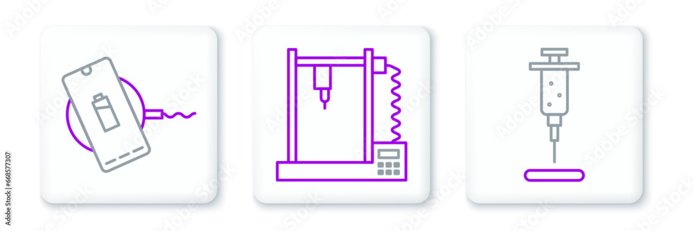 Set line Syringe, Wireless charger and 3D printer icon. Vector Set line Syringe, Wireless charger and 3D printer icon. Vector