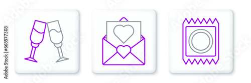 Set line Condom in package, Glass of champagne and Envelope with Valentine heart icon. Vector