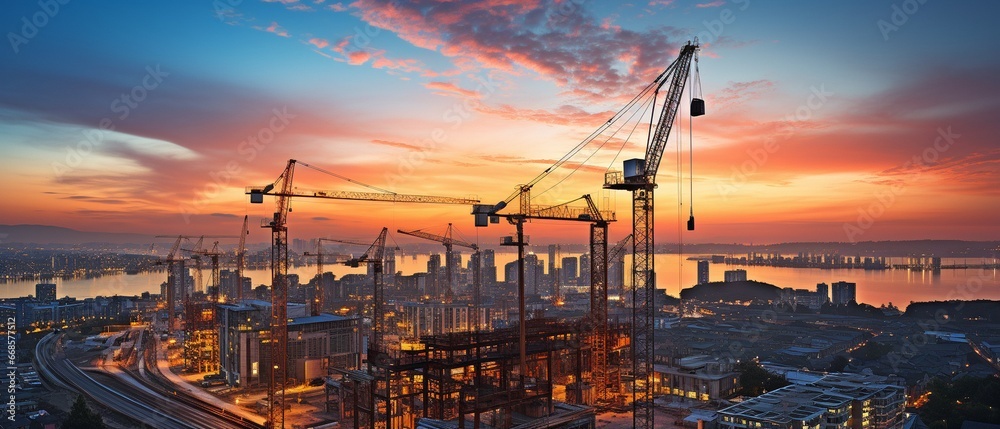 Obraz premium Industrious cranes at dusk.