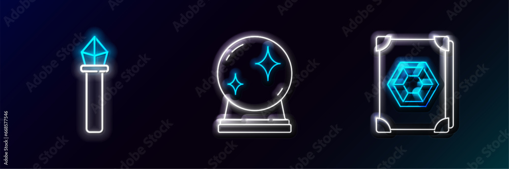 Set line Ancient magic book, Magic staff and ball icon. Glowing neon. Vector Set line Ancient magic book, Magic staff and ball icon. Glowing neon. Vector