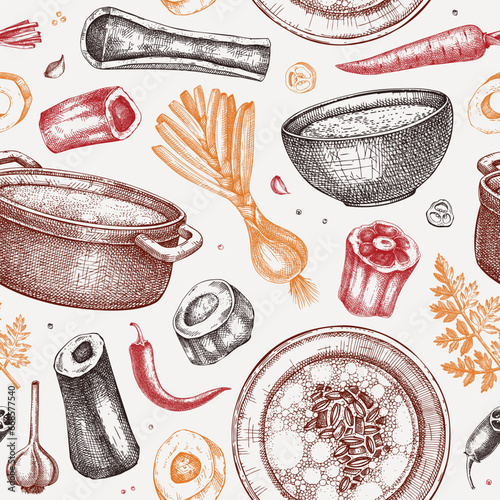 Healthy food background. Marrow bone broth, hot soup served on plates, pans, bowls, vegetables, organ meat, marrow bones sketches. Hand drawn vector illustrations. Homemade food seamless pattern