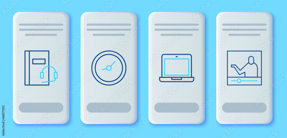 Set line Clock, Laptop, Audio book and Online education icon. Vector Set line Clock, Laptop, Audio book and Online education icon. Vector