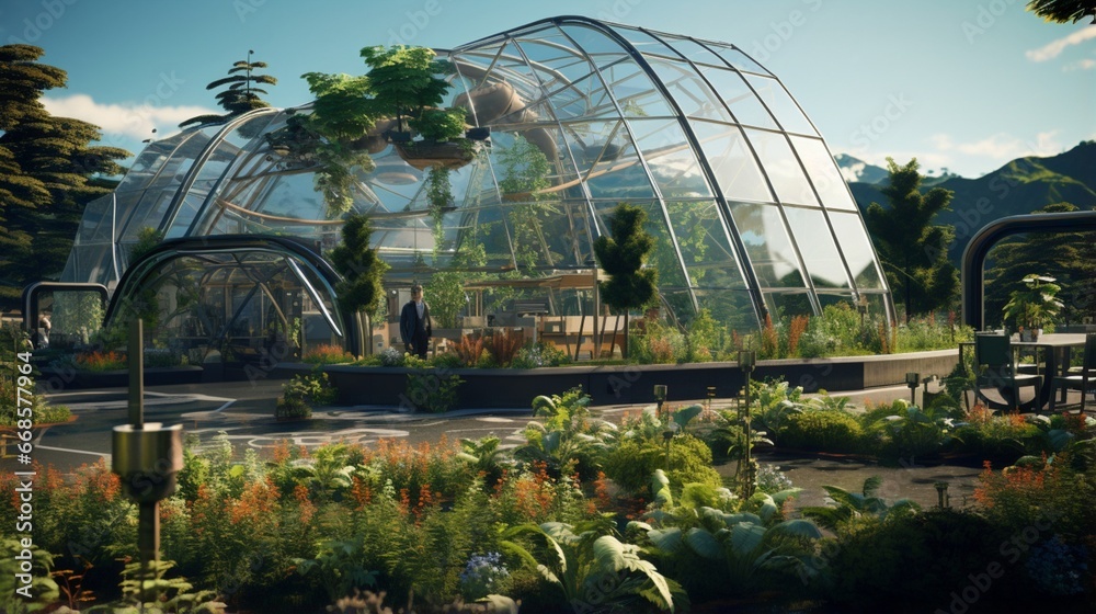 A modern greenhouse with rare plants and a controlled climate system.