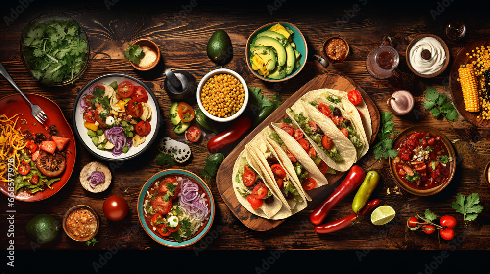 Mexican food table scene. Top down view on a dark wooden table