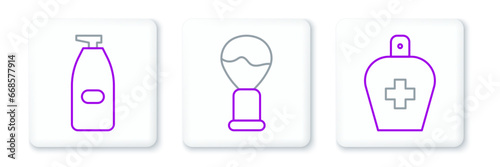 Set line Bottle of liquid antibacterial soap, and Shaving brush icon. Vector