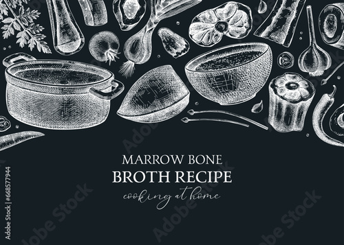 Healthy food background. Marrow bone broth frame. Hot soup on plates, pans, bowls, organ meat, vegetables, marrow bones sketches. Hand drawn vector illustrations. Homemade food on chalkboard