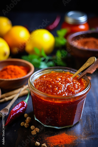Delicious Traditional Tunisian Hot Chili Pepper Paste Harissa with Ingredients