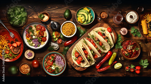 Mexican food table scene. Top down view on a dark wooden table
