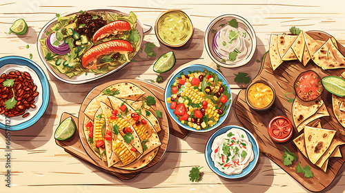 Mexican food table scene. Top view on a white wood background