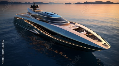 A luxury motor yacht with a helipad and sleek, aerodynamic design. © Adeel  Hayat Khan