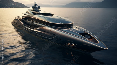 A luxury motor yacht with a helipad and sleek, aerodynamic design.