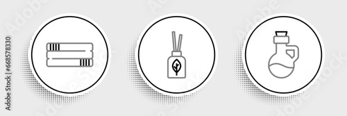 Set line Essential oil bottle, Towel stack and Aroma diffuser icon. Vector