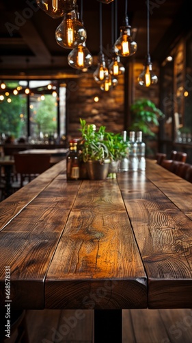 Bar interior background with an empty blank wooden table.