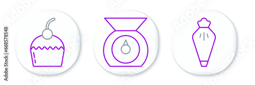 Set line Pastry bag, Cake and Scales icon. Vector