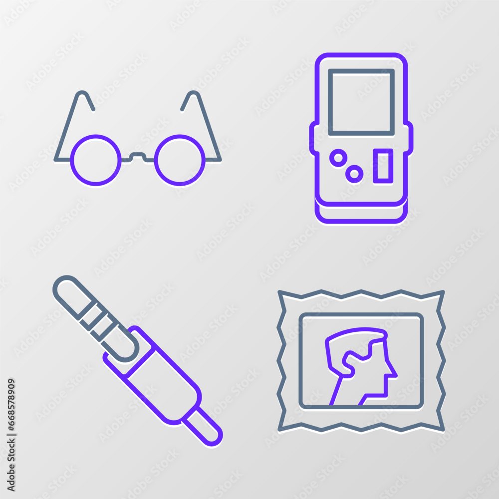 Set line Postal stamp, Audio jack, Tetris and Eyeglasses icon. Vector Set line Postal stamp, Audio jack, Tetris and Eyeglasses icon. Vector