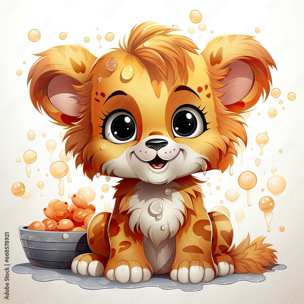 Obraz premium Charming illustrated lion cub sitting amidst bubbles, capturing a moment of curious wonder and vibrant detail.