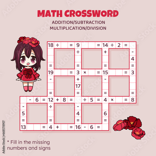 Math Crossword puzzle for kids. Addition, subtraction, multiplication and division