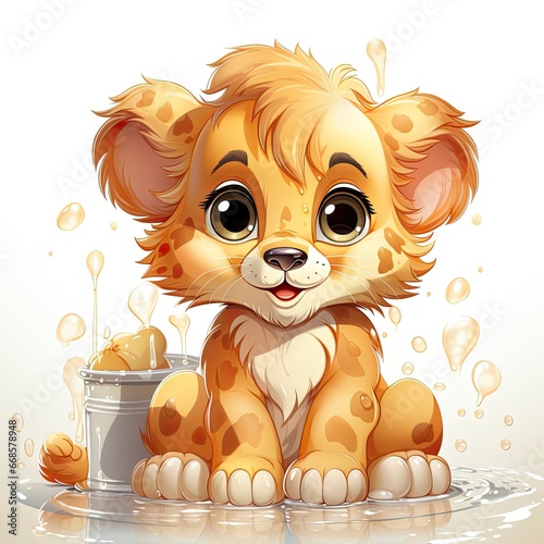 Charming illustrated lion cub sitting amidst bubbles, capturing a moment of curious wonder and vibrant detail.