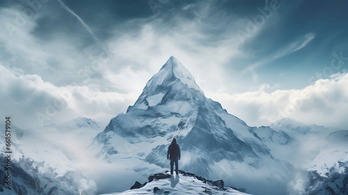 Beautiful photograph of snowy mountain, person standing in the middle © Alin