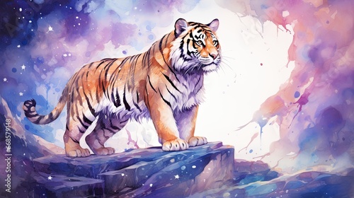 Watercolor Tiger on galaxy background 